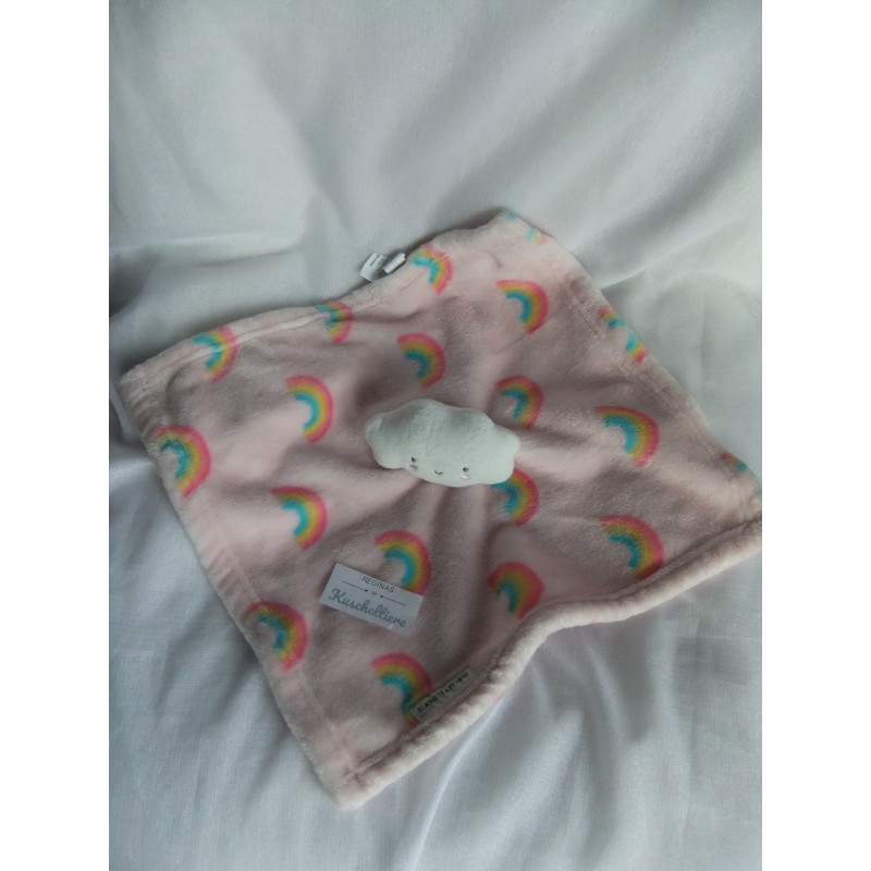 Blankets & Beyond - Schmusetuch - Regenbogen Wolke - rosa, weiß und bunte Regenbogenmotive  - ca. 38 cm x 38 cm groß