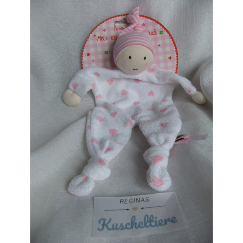 Spiegelburg BabyGlück - Schmusetuch - Wichtel Puppe weiß mit rosa Herzchen und gestreifter Zipfelmütze - ca. 25 cm lang