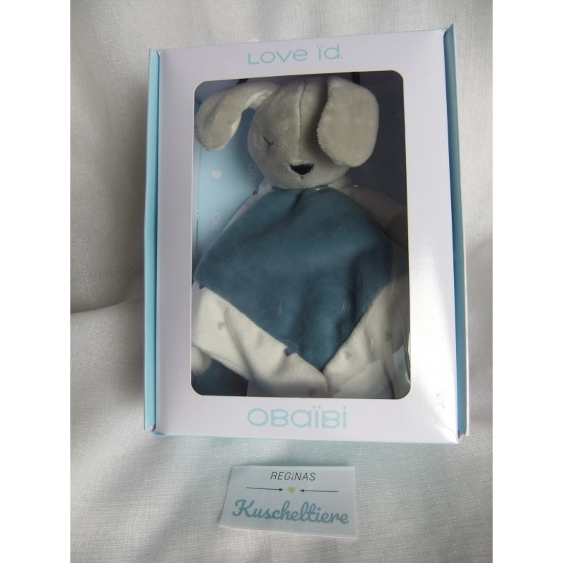 Obaibi / Okaidi - Schmusetuch - Hase grau, blau und weiß mit bunten Herzchenmotiven - ca. 19 cm lang