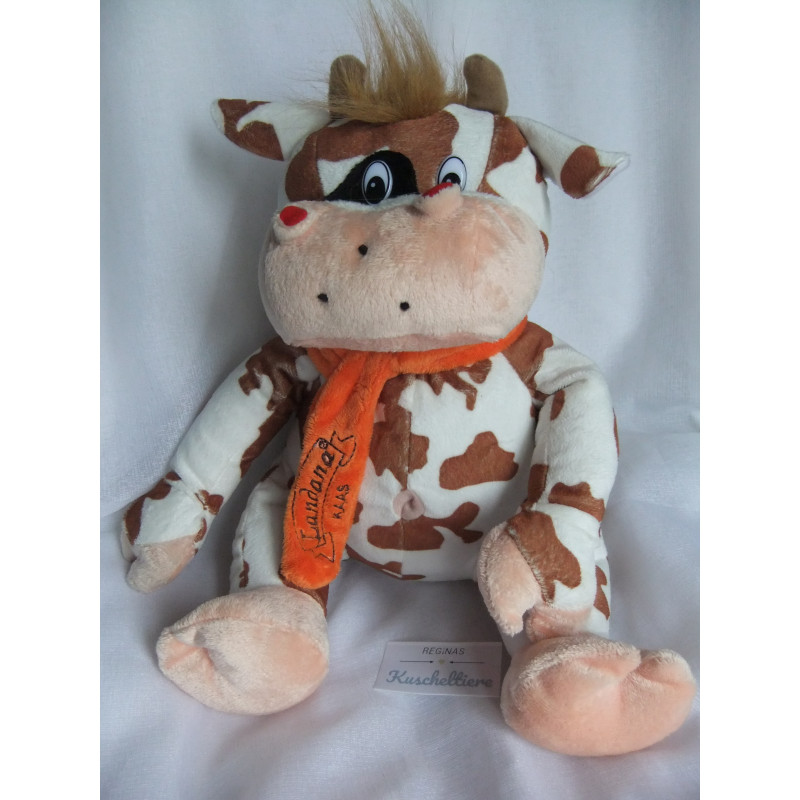 Landana Kaas - Plüschtier - Kuh weiß/braun gefleckt mit Schal in orange - ca. 25 cm groß - sitzend