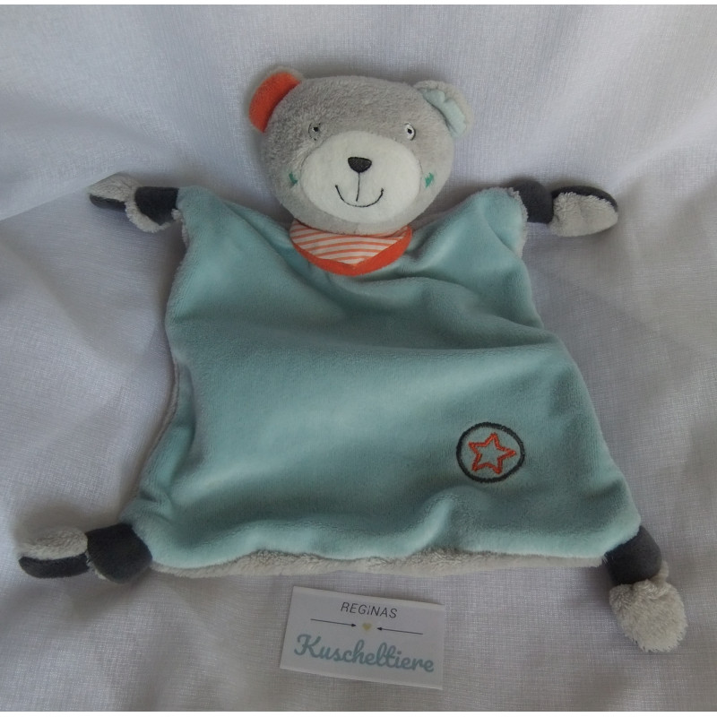 Baby Club - C&A - Schmusetuch - Bär hellblau und grau mit Halstuch und aufgesticktem Stern - ca. 27 cm lang