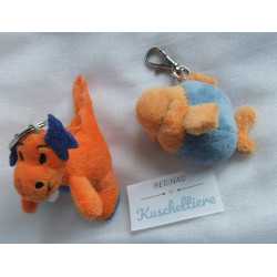 Schlüsselanhänger - Drache in orange und dunkelblau und ein kleiner Fisch in orange und hellblau