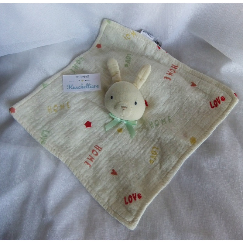 Primark Baby - Schmusetuch - Hase - wollweiß mit Herzchen- und Schriftmotiven - ca. 28 cm x 28 cm groß