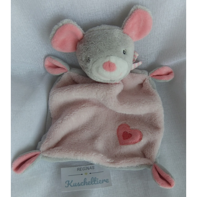 Pusblu - Schmusetuch - Maus grau /rosa mit Schal und kleiner Herzapplikation  - ca. 25 cm lang