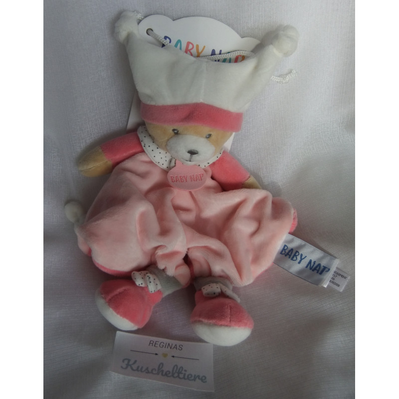 Baby Nat - Schmusetuch - Bärchen rosa/weiß mit weißer Mütze - ca. 20 cm lang