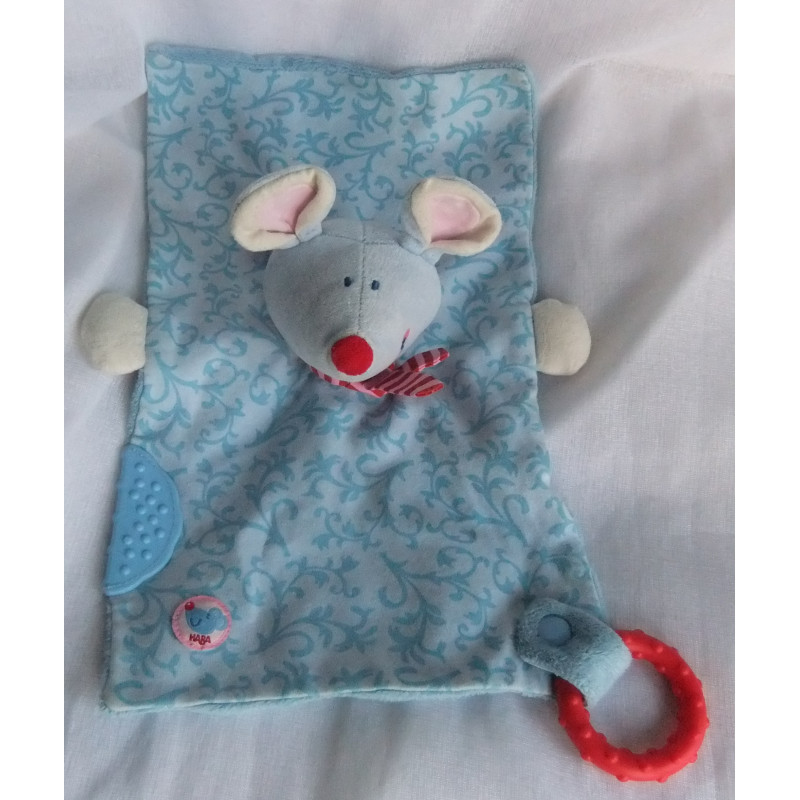 Haba - Schmusetuch mit Schnullerhalter und Beißecke - Maus - hellblau mit Motiven - ca. 25 cm groß
