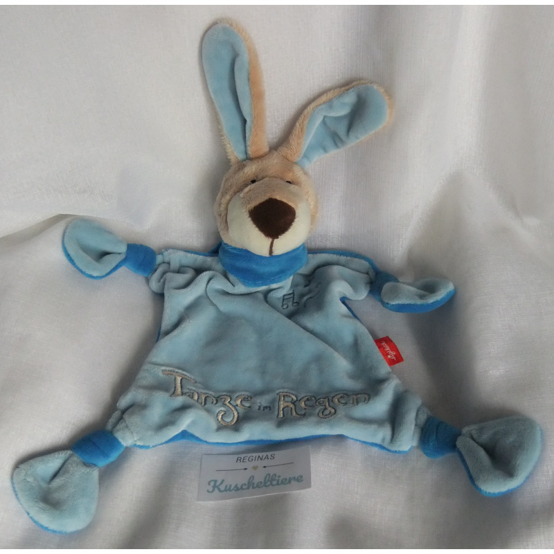 Sigikid - Schmusetuch - Poesie - Hase mit Halstuch Blautöne und Schriftzug Tanze im Regen - ca. 25 cm lang