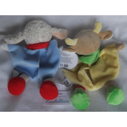 Zwei Schmusetücher/Handpuppe - Tessloff Schaf mit aufgestickten Sternchen und Beleduc Kuh mit aufgestickten Kleeblätter