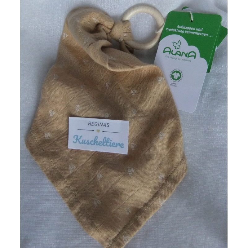 Alana - Schmusetuch aus Musselin beige/Regenbogenmotive mit einem Holzring - ca. 40 cm lang