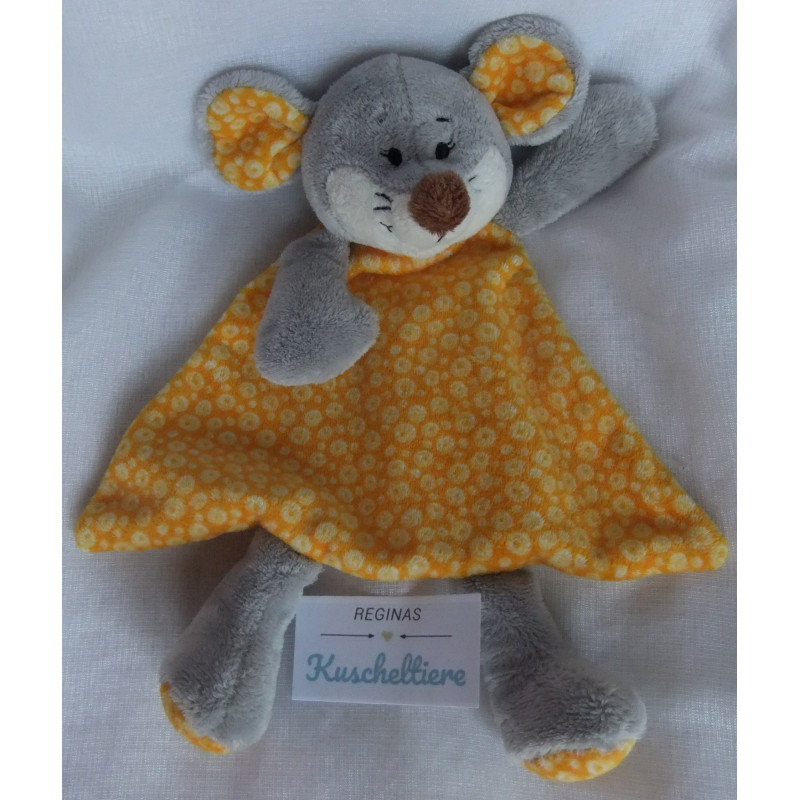 Ergee - Schmusetuch - Maus mit Schlenkerbeinchen - grau/orange mit Motiven -  ca. 29 cm lang - Schlenker