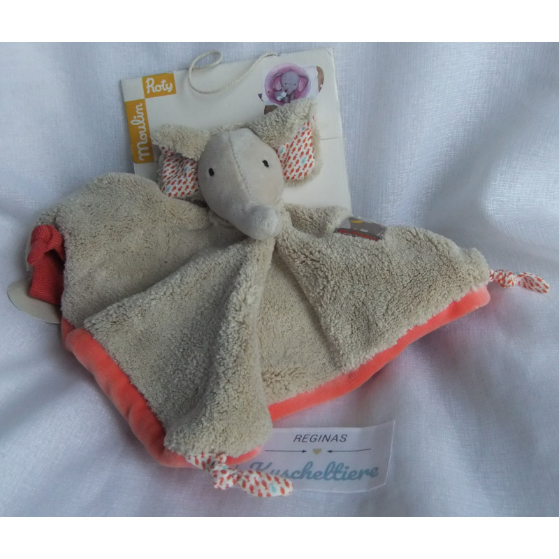 Moulin Roty - Schmusetuch - Les Papoums - Elefant beige, orange mit Schnullerhalter - ca. 22 cm lang