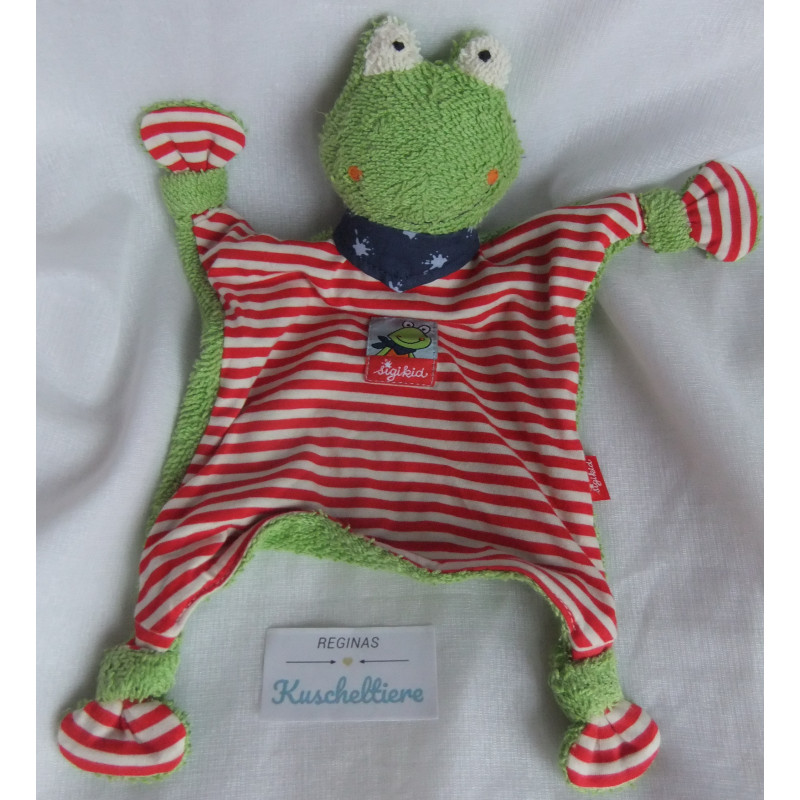 Sigikid - Schmusetuch - Frosch grün, rot-creme gestreift mit Halstuch in blau mit hellen Klecksen - ca. 27 cm lang