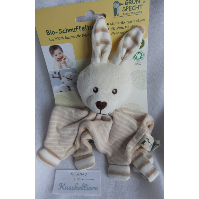 Grünspecht - Schmusetuch - Hase mit Schnullerband - hellbraun-creme gestreift, creme, hellbraun - ca. 18 cm x 17 cm groß