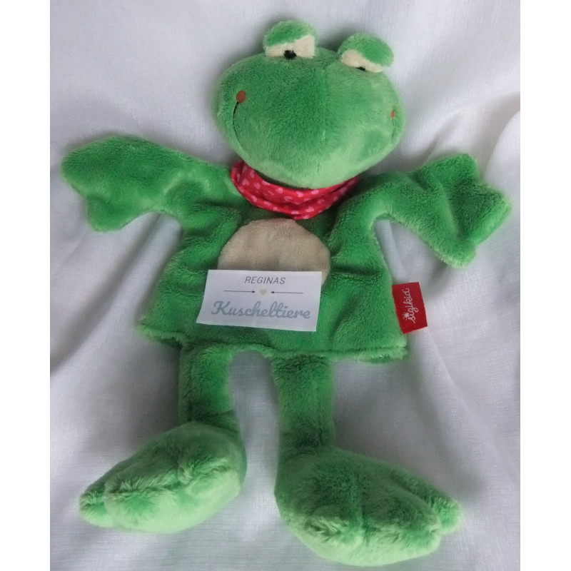 Sigikid - Schmusetuch/Handpuppe - Frosch grün, beige mit Halstuch rot mit Herzchen - ca. 32 cm lang - Schlenker