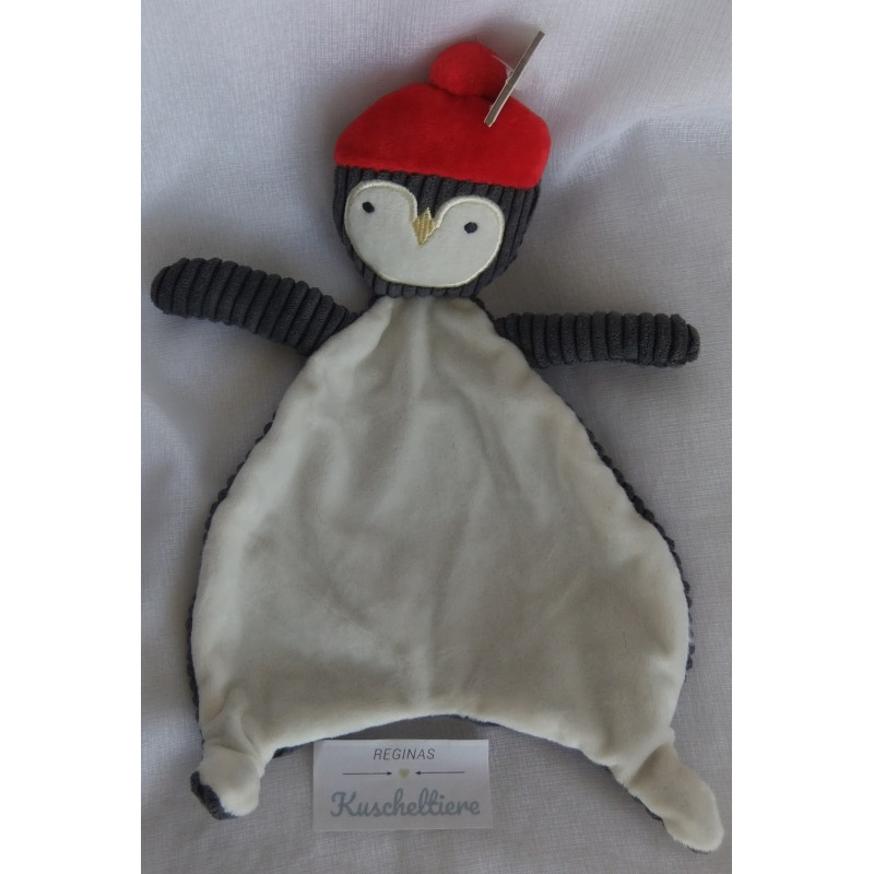 Primark - Early Days - Schmusetuch - Pinguin mit Mützchen - dunkelgrau/beige/rot - ca. 28 cm lang
