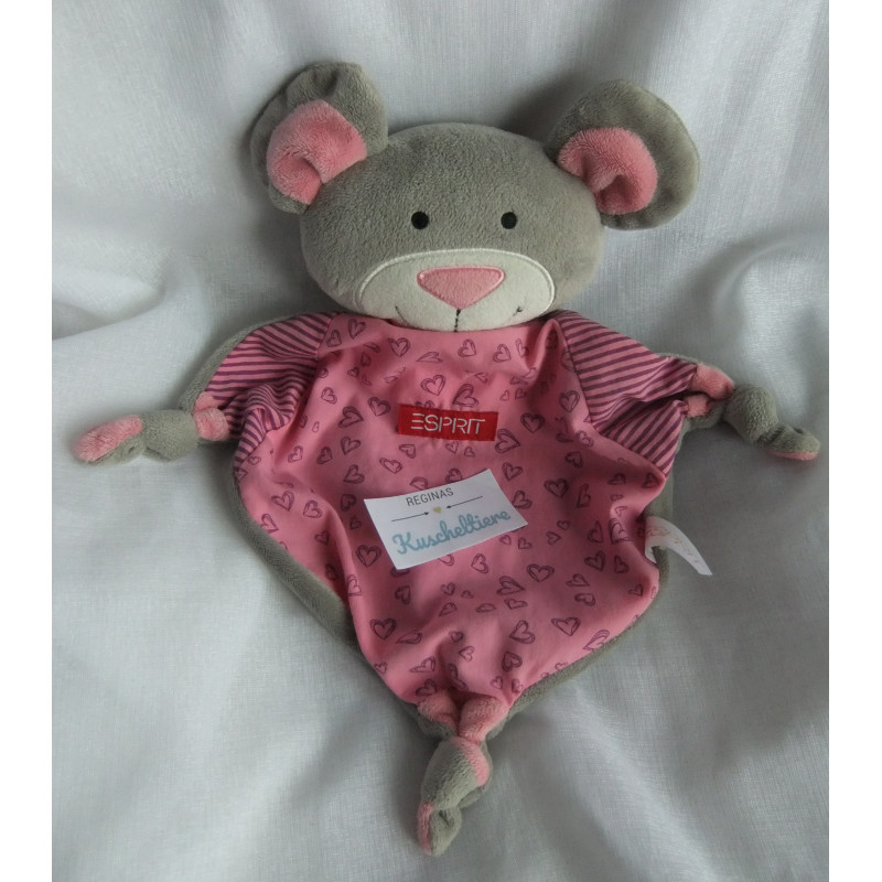Esprit - Schmusetuch - Bär grau, rosa mit Streifen und Herzchen - ca. 35 cm lang