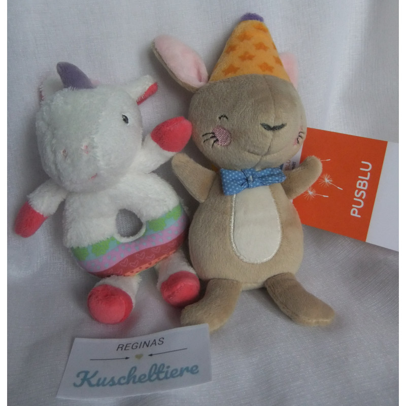 Pusblu -  zwei Greiflinge mit Rasselgeräusch - Maus mit Hut - Einhorn