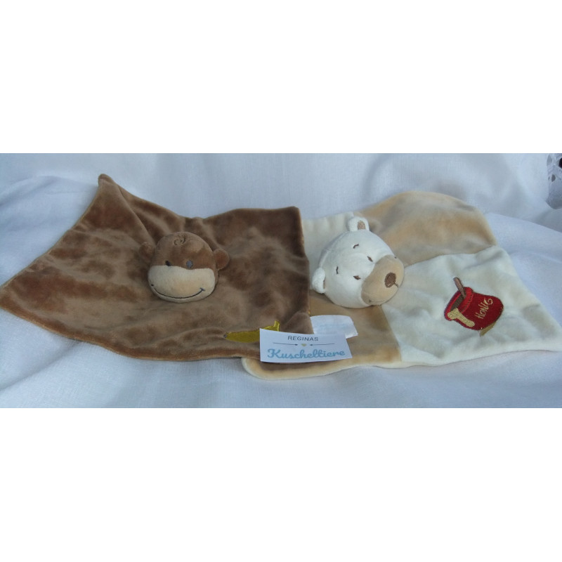 Babylove - zwei Schmusetücher - Affe braun/braun-ocker gestreift und Bär beige, hellbraun mit Honigtöpchen