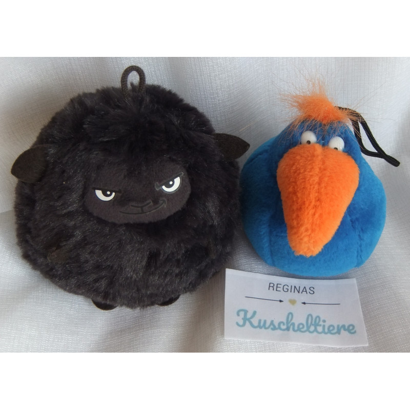 Nici - zwei Plüschtiere - Nici Mops & Mows Grimly schwarz und Nici Vogel blau, orange