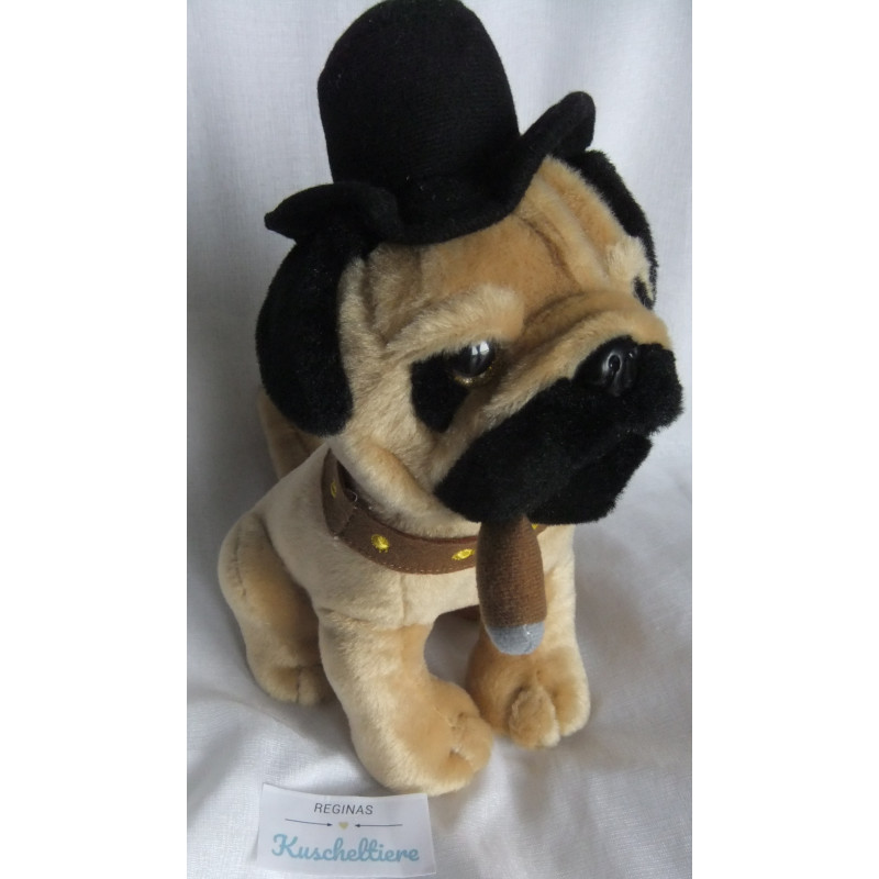 Uni Toys - Plüschtier - Mops braun mit Halsband, Hut und Zigarre - ca. 28 cm hoch und ca. 25 cm lang - sitzend