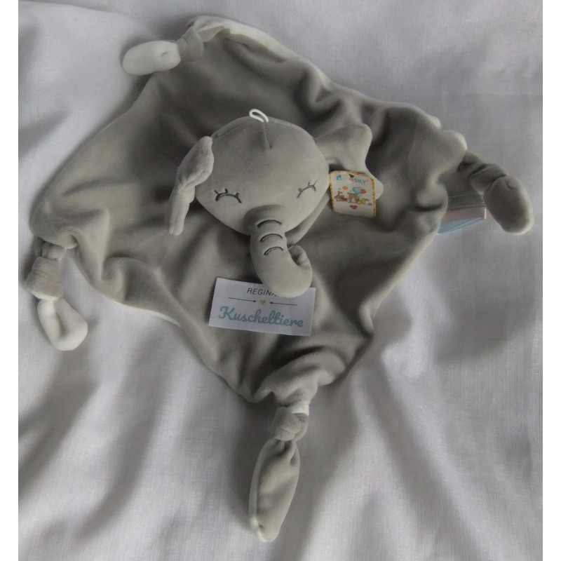 BBSKY - Schmusetuch - Elefant - grau, weiß - Rassel- Knistergeräusch - ca. 24 cm x 26 cm groß