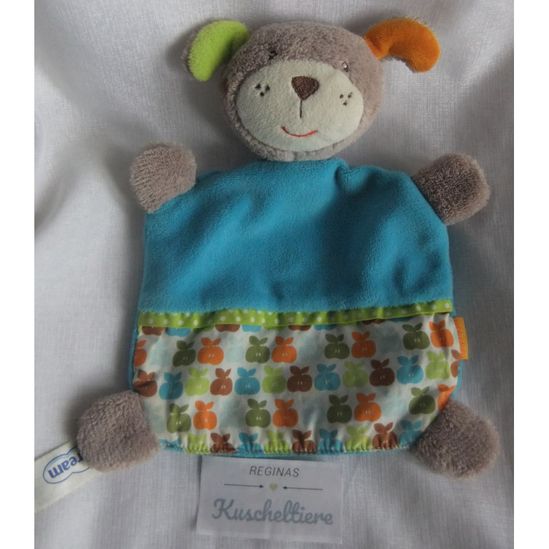 Babydream - Schmusetuch - Hund - braun, hellblau, bunte Apfelmotive - ca. 23 cm lang