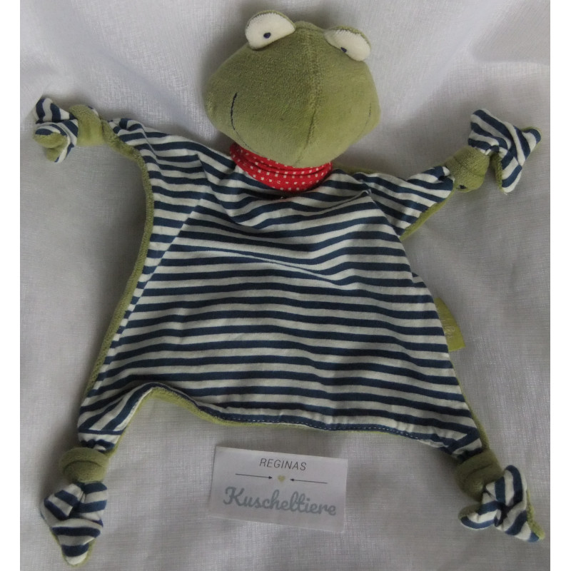 Sigikid - Schmusetuch - Bio - Frosch grün, blau-weiß gestreift mit Halstuch rot mit weißen Punkten - ca. 27 cm lang