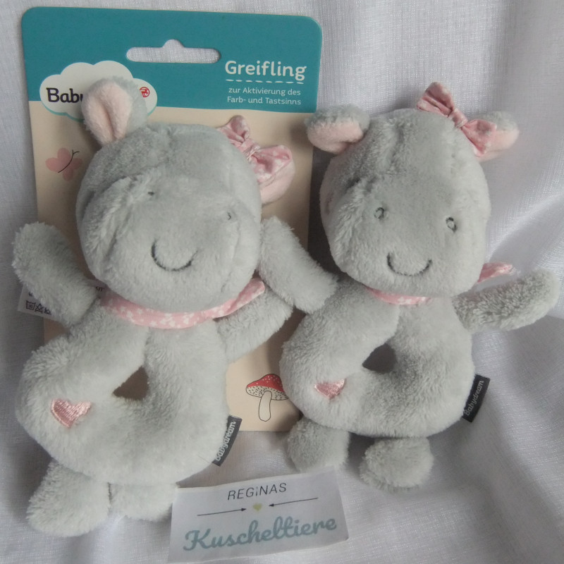 Babydream - zwei Rasselgreiflinge - Nilpferd - grau, rosa - ca. 15 cm groß