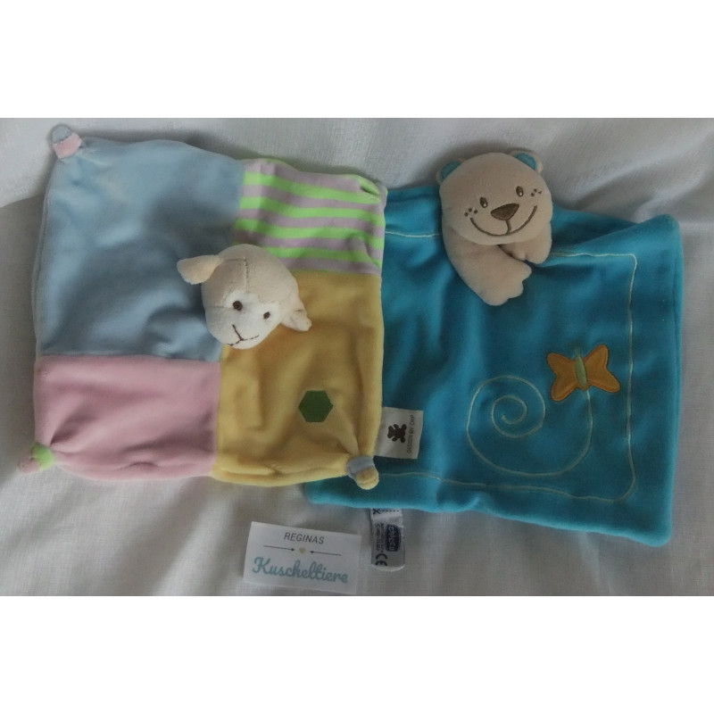CMP Schmusetuch Schaf gelb, rosa, hellblau und Chicco Schmusetuch Bär blau mit Knistergeräusch