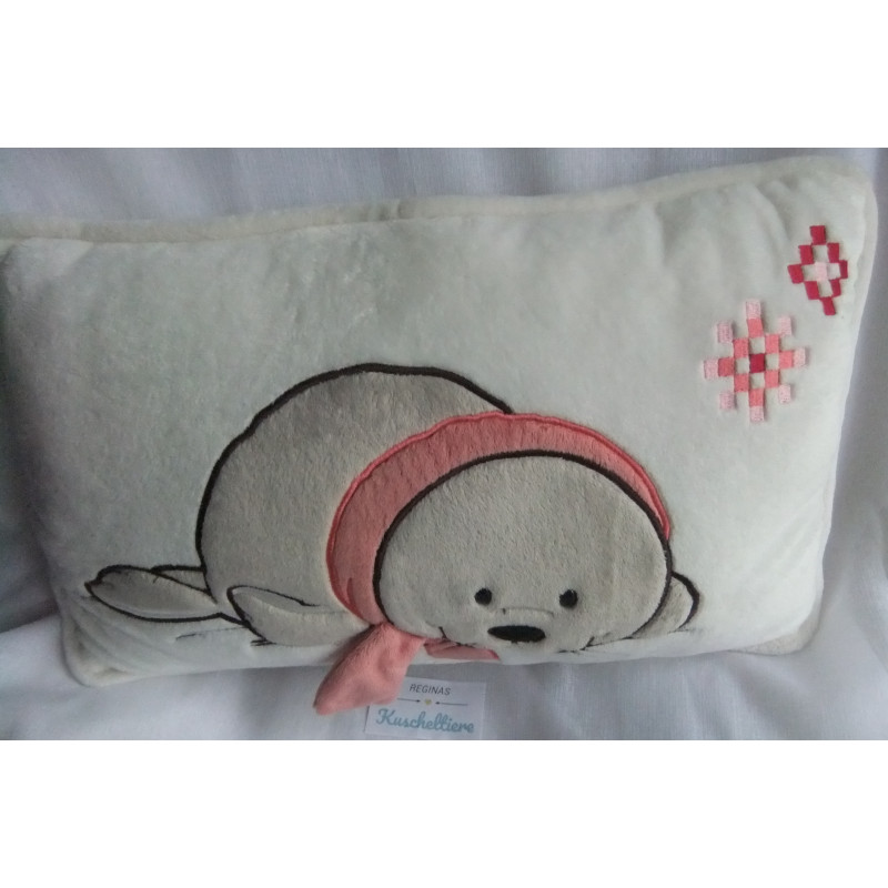 Nici - Plüschkissen - Kissen - Robbe mit Schal - creme, grau, rosa - ca. 43 cm x 25 cm groß