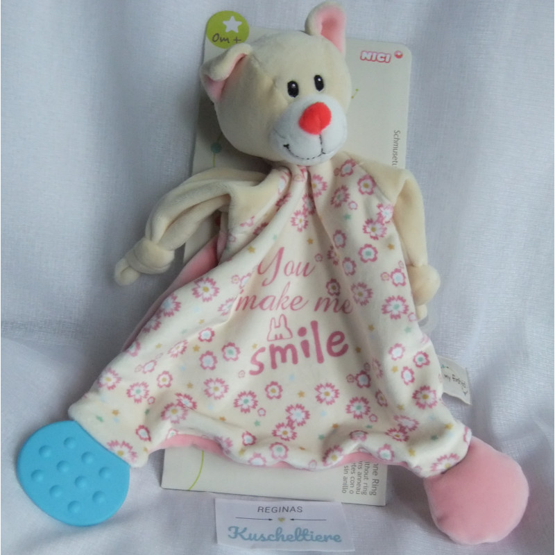 Nici - My first Nici - Schmusetuch - Katze mit Schriftzug You make me smile - Beißecke und Schnullerring - ca. 25 cm lang