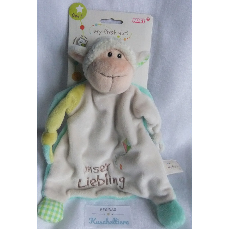 Nici - My first Nici - Schmusetuch - Schaf mit Schriftzug Unser Liebling - beige, türkis - ca. 25 cm lang