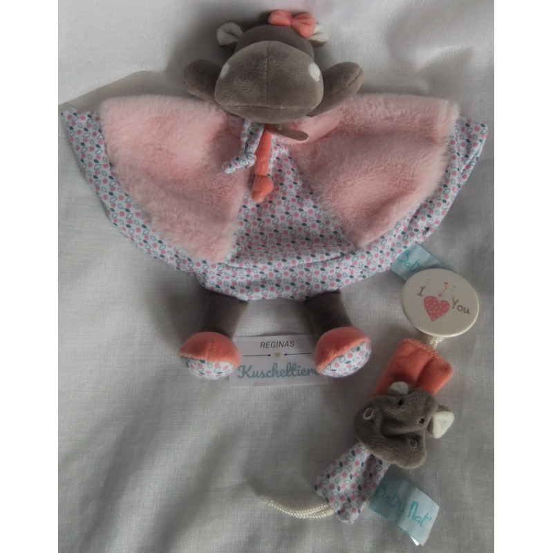 Baby Nat - Schmusetuch und Schnullerclip - Nilpferd Zoe - rosa, buntes Blumenmuster - ca. 25 cm lang - Schlenkerbeinchen