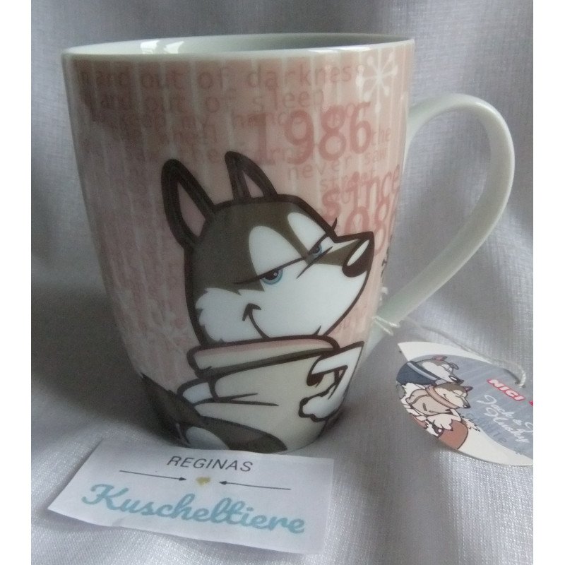 Nici - Tasse Becher - Porzellan - Hund Husky Jill - weiß, rosa, braun - ca. 12 cm hoch und ca. 9,0 cm Durchmesser