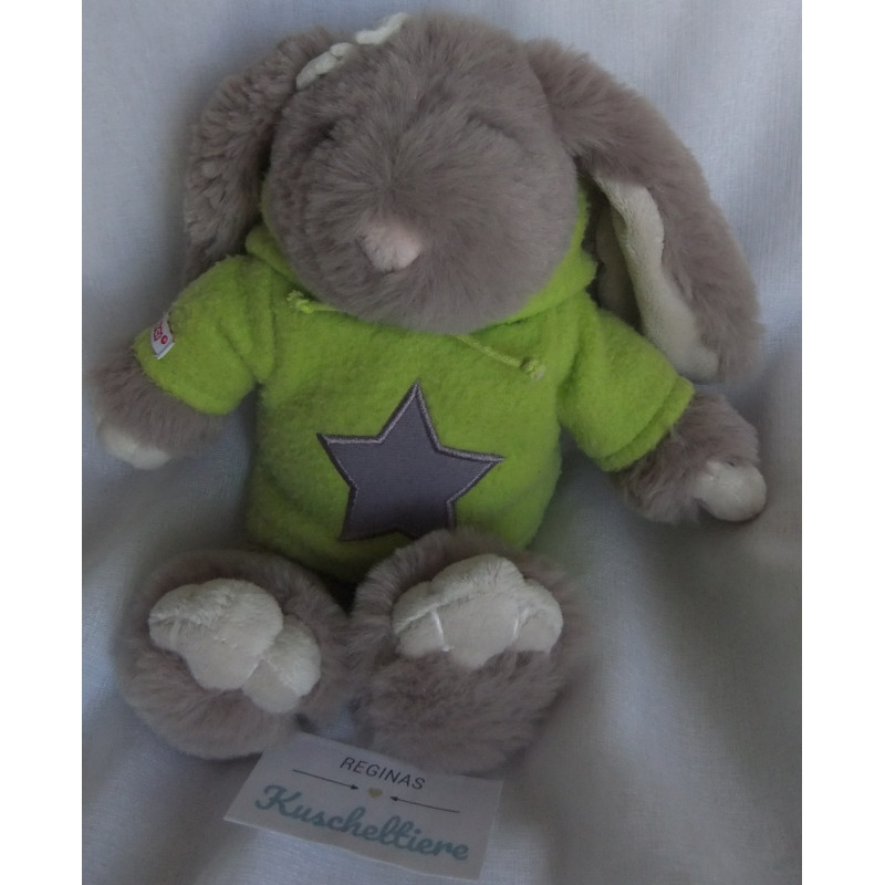 Müller Plüschtier Hase grau, beige mit Nici Kapuzenpullover grün mit grauem Stern - ca. 27 cm groß - Schlenker