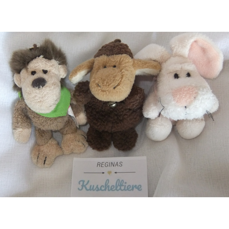 Nici - drei Schlüsselanhänger - Affe mit Halstuch, Schaf mit Glöckchen und Hase rosa