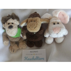 Nici  - drei Schlüsselanhänger - Affe mit Halstuch, Schaf mit Glöckchen und Hase rosa