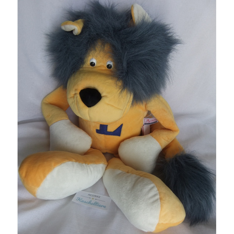 Sigikid -  Duden - Handpuppe - Löwe Lucky - gelb, weiß mit blauer Mähne - ca. 50 cm lang - Schlenker