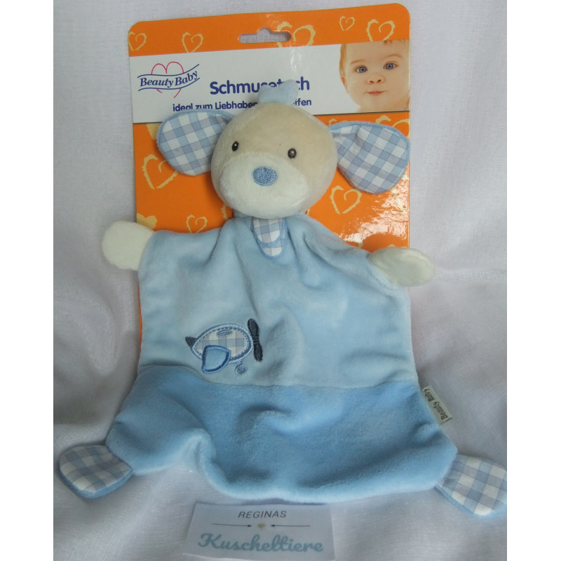 Beauty Baby - Schmusetuch - Hund mit Applikation Flugzeug - hellblau - mit Rasselgeräusch - ca. 25 cm lang