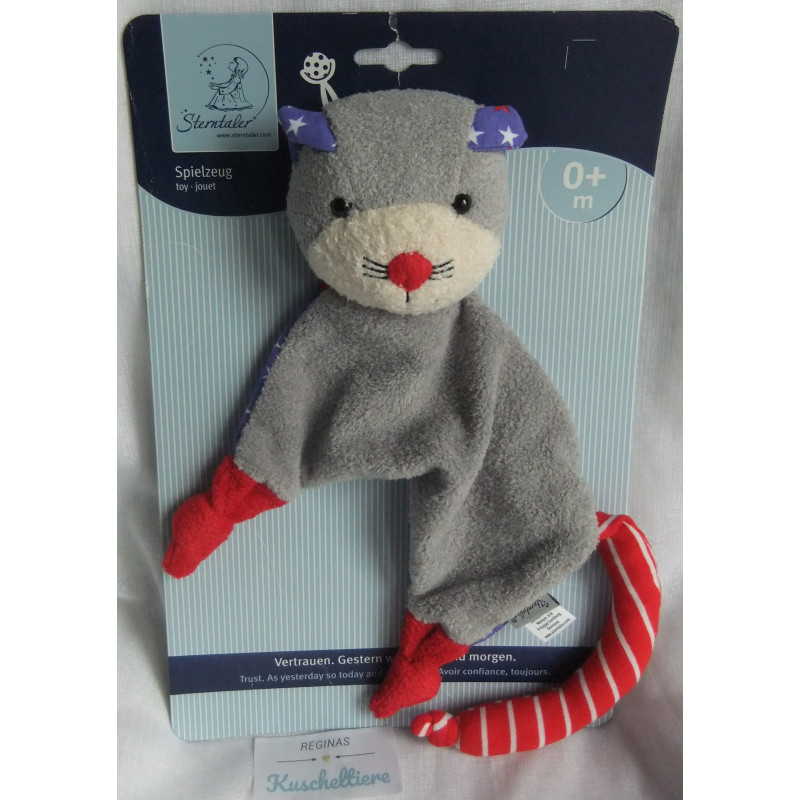 Sterntaler - Schmusetuch - Katze Kira mit Rasselgeräusch - grau, rot, blau mit Sternchen - ca. 20 cm lang