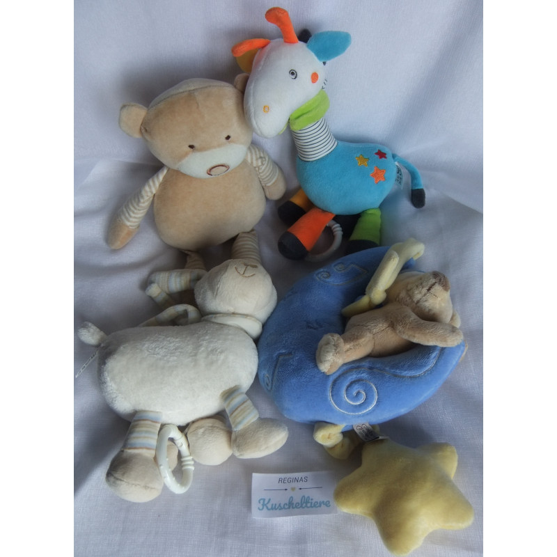 Vier Spieluhren - Topomini Giraffe und Schaf - Uni-Toys Bär im Mond - MaxiMo Bär