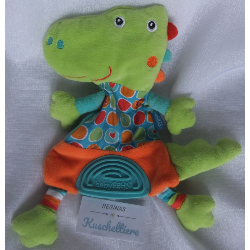 Fehn - Schmusetuch - Krokodil - grün, orange, bunte Motive - mit Beißecke - ca. 23 cm lang
