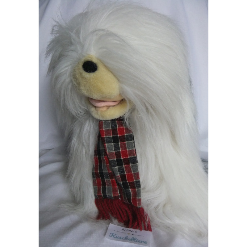 Nicotoy Belgien - Hund Bobtail weiß, graublau, kariertem Schal - ca. 40 cm hoch und ca. 35 cm lang - sitzend