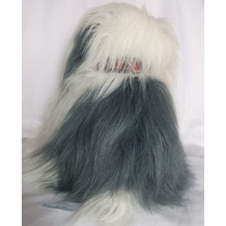 Nicotoy Belgien - Hund Bobtail weiß, graublau, kariertem Schal - ca. 40 cm hoch und ca. 35 cm lang - sitzend
