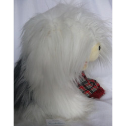 Nicotoy Belgien - Hund Bobtail weiß, graublau, kariertem Schal - ca. 40 cm hoch und ca. 35 cm lang - sitzend
