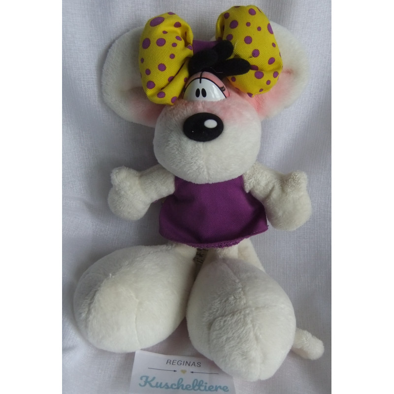Depesche - Plüschtier - Diddl Maus mit lila Kleidchen und dicker Schleife gelb mit lila Punkten - ca. 23 cm groß - Schlenker