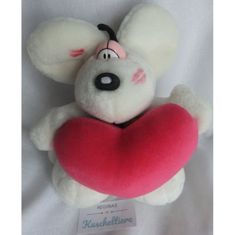 Depesche - Vintage Plüschtier - Diddl Maus mit pinken Herzchen in den Händen - ca. 20 cm groß - stehend