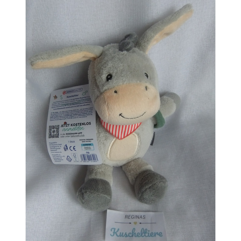 Babydream - Spieltier - Kuscheltier - Esel Emil grau, weiß mit gestreiftem Halstuch und grünem Rucksack - ca. 23 cm - Schlenker