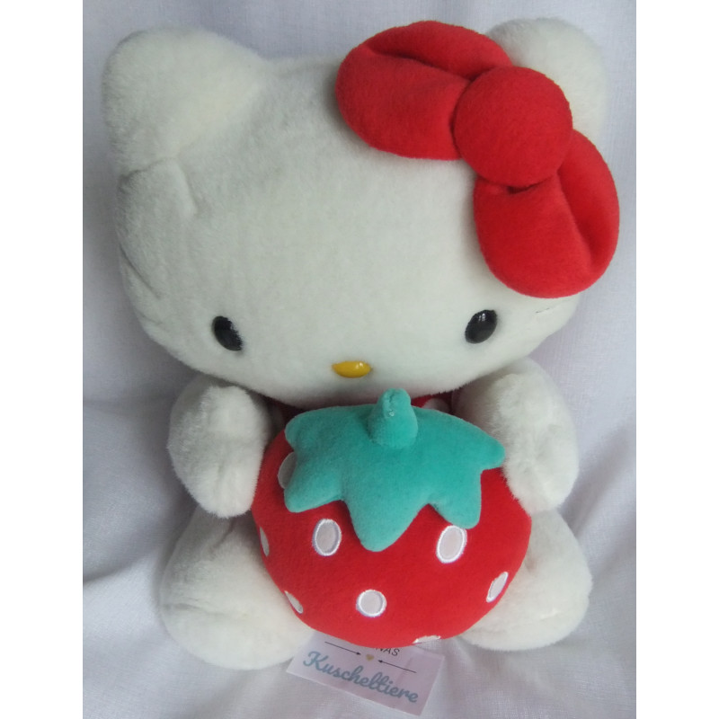 Sanrio - Plüschtier - Hello Kitty Katze mit Plüscherdbeere in den Händen - ca. 25 cm groß - sitzend