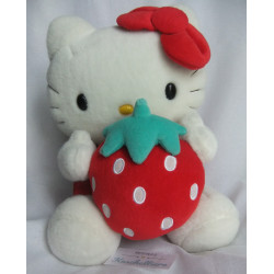 Sanrio - Plüschtier - Hello Kitty Katze mit Plüscherdbeere in den Händen - ca. 25 cm groß - sitzend